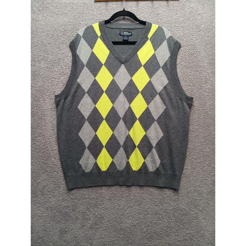 PGA Tour Argyle Sweater Vest XL Neon‎ Yellow Golf Y2K revival, Preppy Relaxed